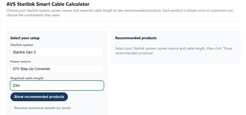 AVS cable calculator showing Starlink Gen 3 with 57V step-up converter selected