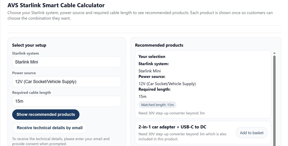 AVS cable calculator showing Starlink Mini with 12V source at 15m run with step-up converter recommendation