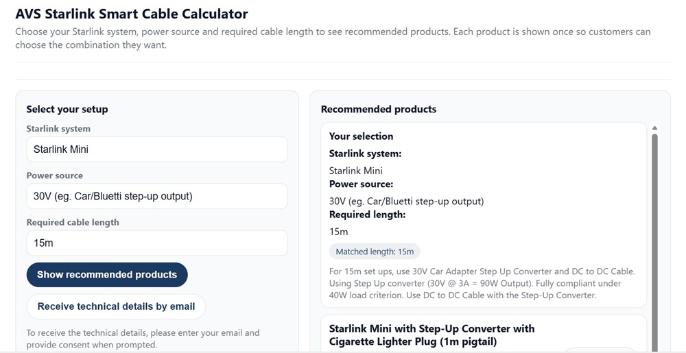 AVS cable calculator showing Starlink Mini with 30V step-up output and product recommendations