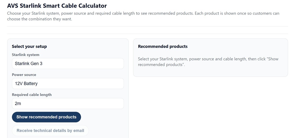 Air Vision Systems Starlink Smart Cable Calculator showing terminal and power source selection