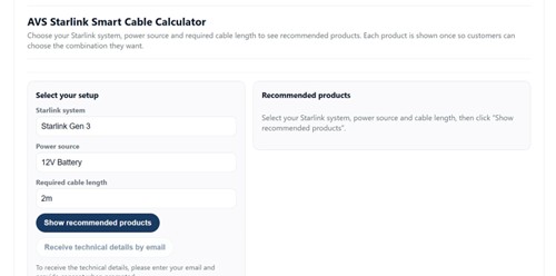 Air Vision Systems Starlink Smart Cable Calculator - terminal selection screen