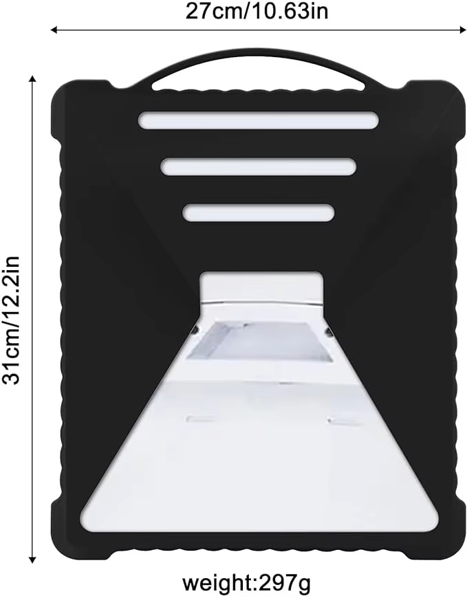 Black silicone protective cover for Starlink Mini dish showing dimensions 27cm x 31cm and weight 297g