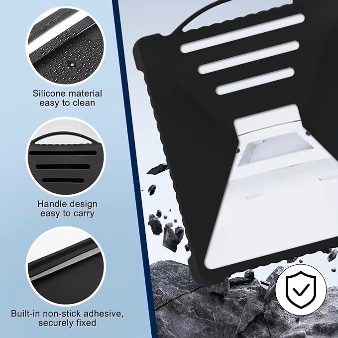 Starlink Mini silicone cover features including easy-clean material, carry handle, and non-stick adhesive