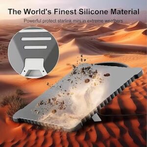 Grey silicone cover protecting Starlink Mini dish in extreme desert conditions