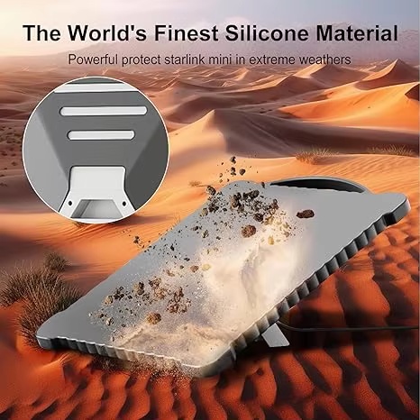 Grey silicone cover protecting Starlink Mini dish in extreme desert conditions
