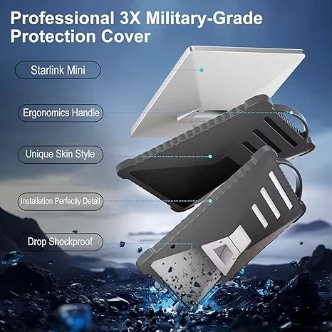 Military grade grey silicone protection cover for Starlink Mini with ergonomic handle and drop shockproof design