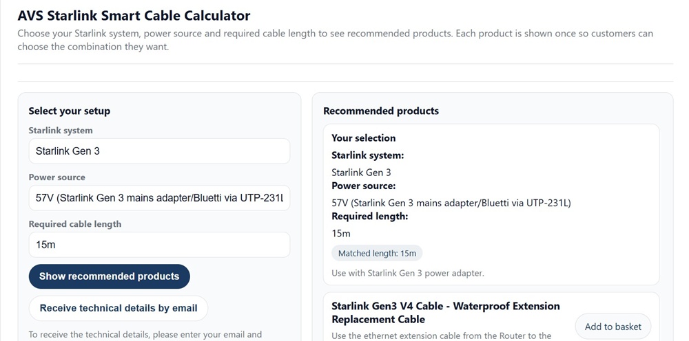 AVS cable calculator with Starlink Gen 3 selected and 57V mains adapter power source