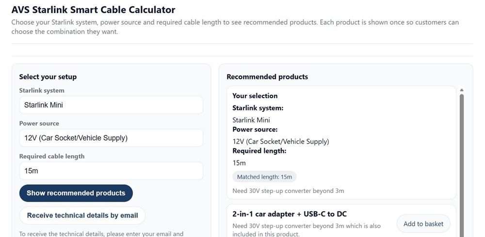 AVS cable calculator with Starlink Mini selected and 12V car socket vehicle supply power source