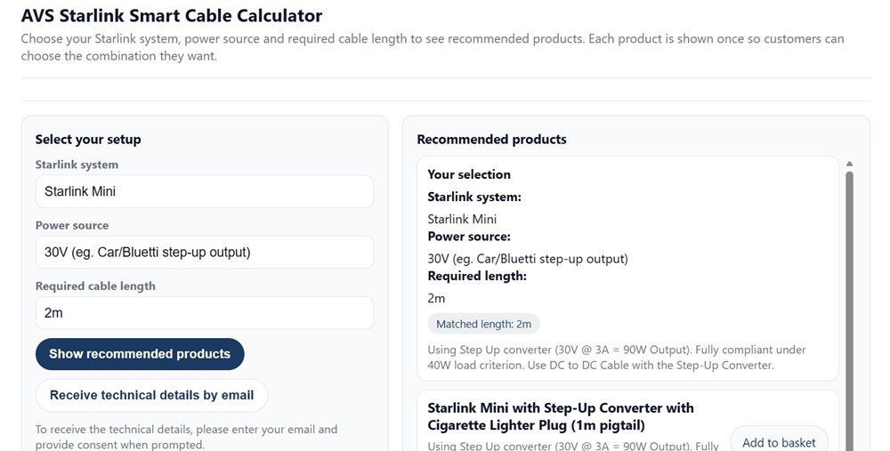 AVS cable calculator showing Starlink Mini with 30V step-up output and full product recommendations