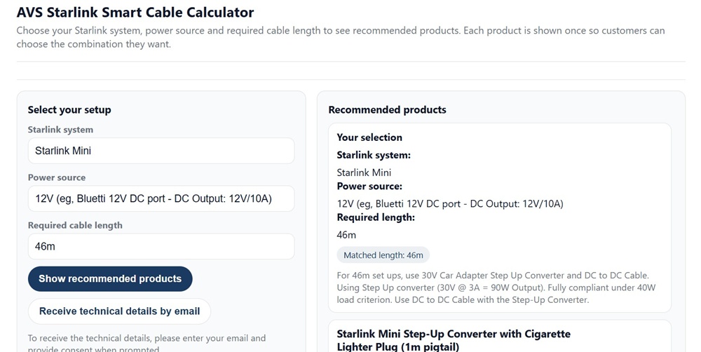 AVS cable calculator results panel showing Starlink Mini with 12V Bluetti DC port at 46 metres with step-up converter recommendation