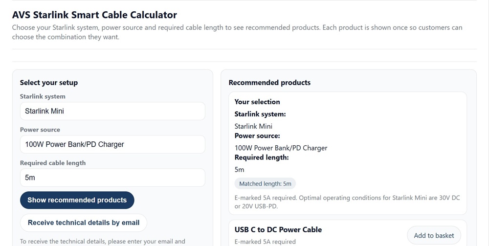 AVS cable calculator results panel showing Starlink Mini setup with 100W power bank and USB-C to DC cable recommendation