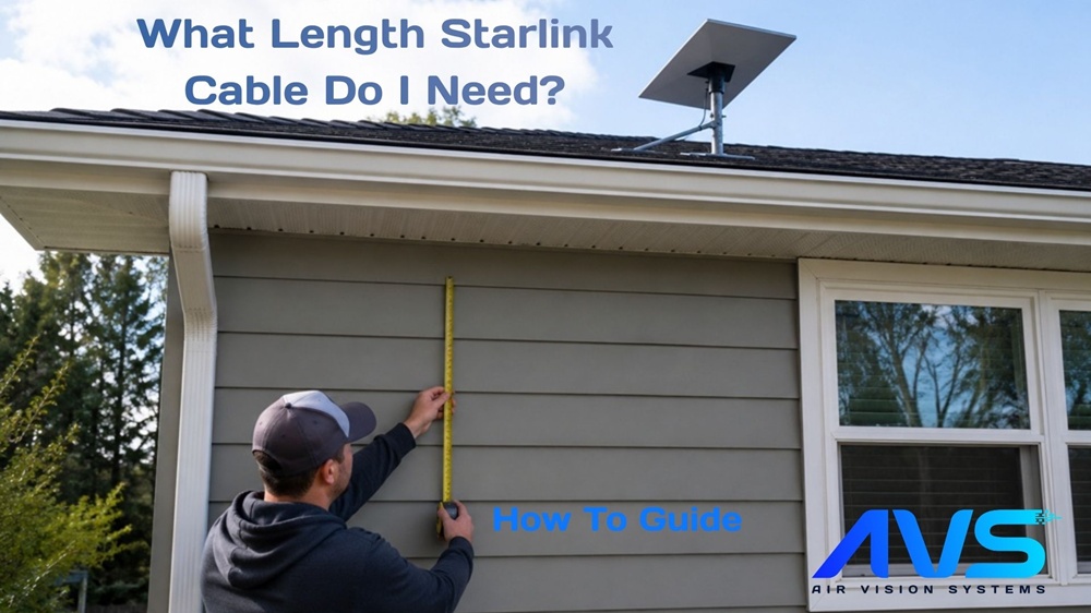 Person measuring cable route along exterior house wall with tape measure and Starlink dish visible on roof above