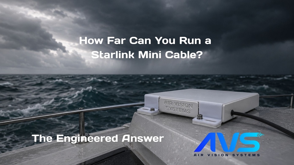 Starlink Mini mounted on a boat in stormy ocean conditions with cable running from the unit, Air Vision Systems marine install