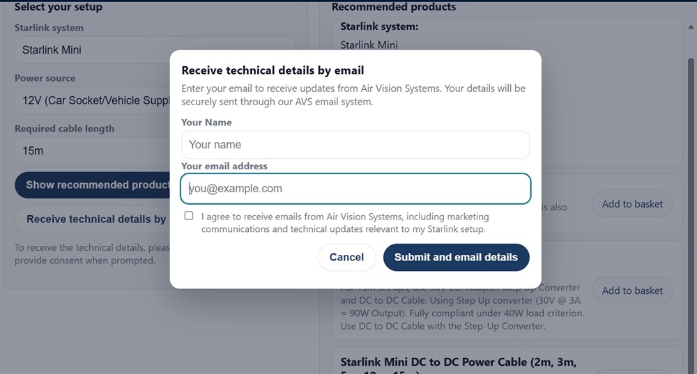 AVS Smart Cable Calculator showing option to receive full technical details by email for Starlink Mini vehicle installation