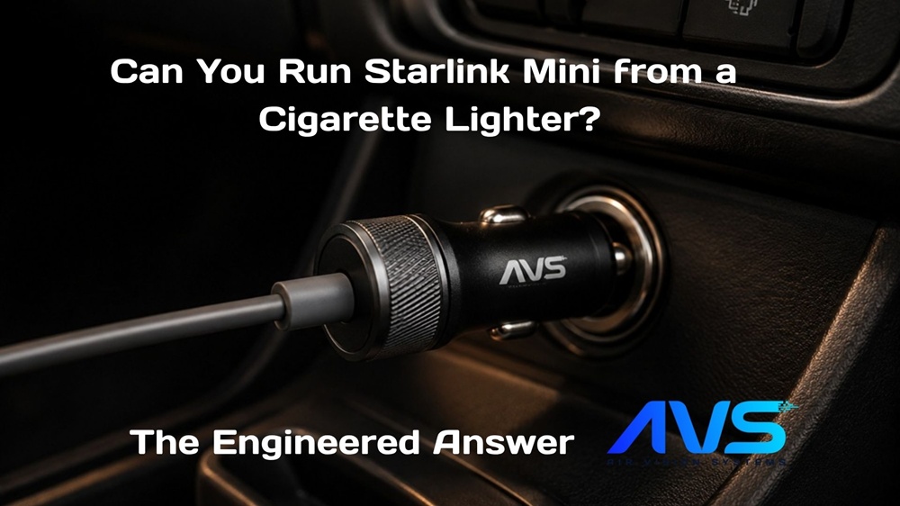 AVS Starlink Mini cigarette lighter step-up converter plugged into vehicle dashboard socket with DC cable connected