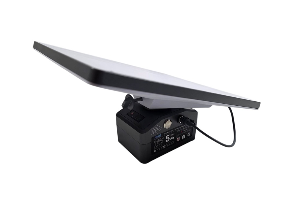 AVS Starlink Mini Portable Power Supply connected directly to Starlink Mini dish via DC to DC cable
