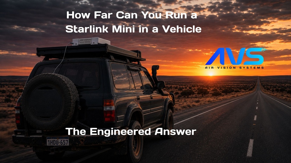 4WD vehicle on open road at sunset with Starlink Mini mounted on roof rack and cable visible, Air Vision Systems vehicle install