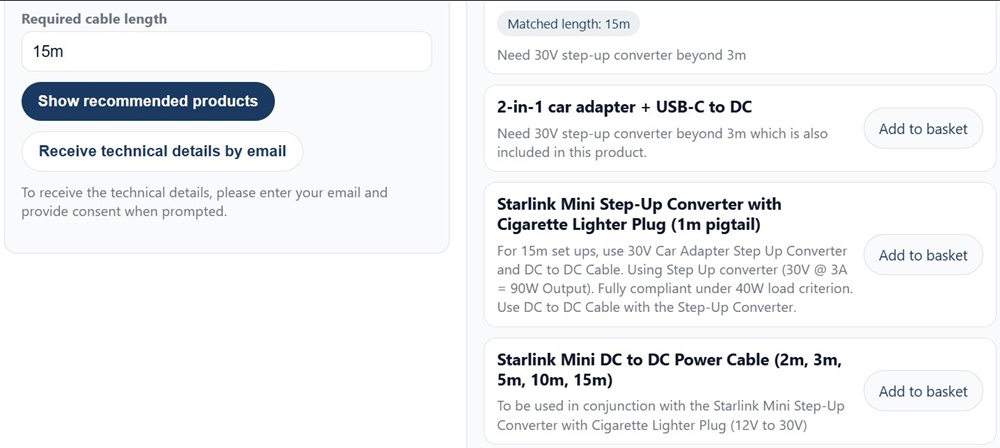 AVS Smart Cable Calculator results panel showing step-up converter recommendation and matched cable length for 15 metre vehicle run