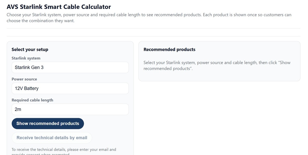 Air Vision Systems Starlink Smart Cable Calculator showing setup selection on left and recommended products on right