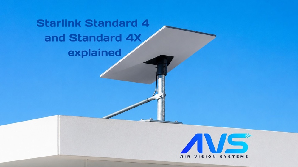 Starlink V4 dish (Starlink Standard 4 / Starlink 4X) mounted on a white rooftop against a clear blue sky, compatible with Air Vision Systems Gen 3 accessories