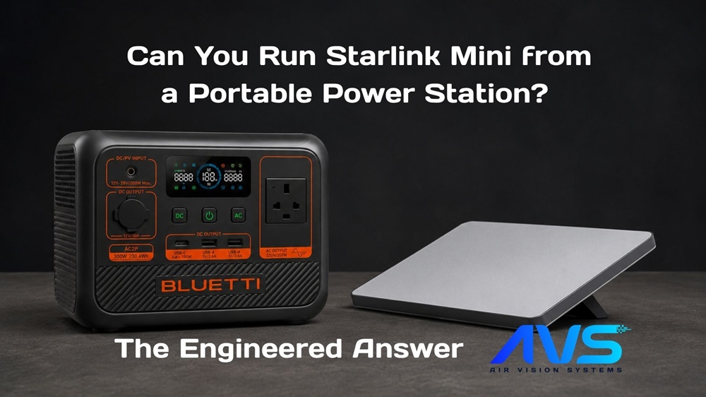 Bluetti AC2P portable power station next to a Starlink Mini terminal on a dark surface