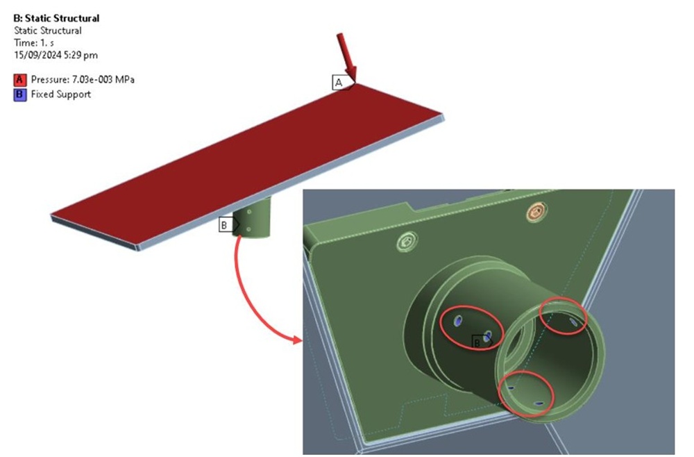 CFD simulation showing maximum pressure load on AVS Starlink Gen 3 pole adapter at 248 km/h with stagnation point highlighted