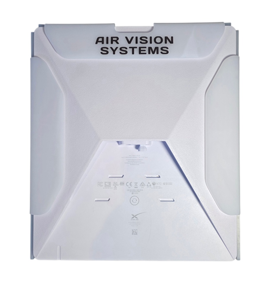 AVS Starlink Mini Outdoor Protective Cover fitted to dish with Air Vision Systems branding visible on cover face