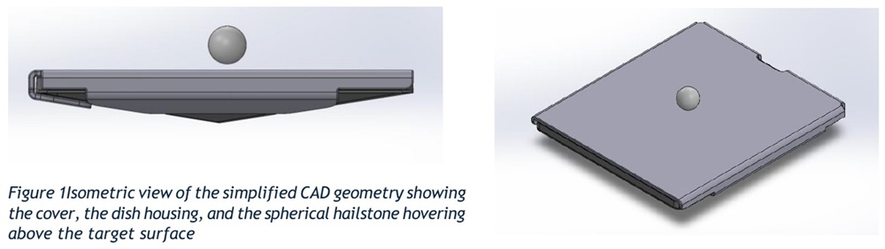FEA simulation geometry showing AVS Starlink Mini Outdoor Protective Cover ABS receiver housing and 30mm hailstone modelled at terminal velocity