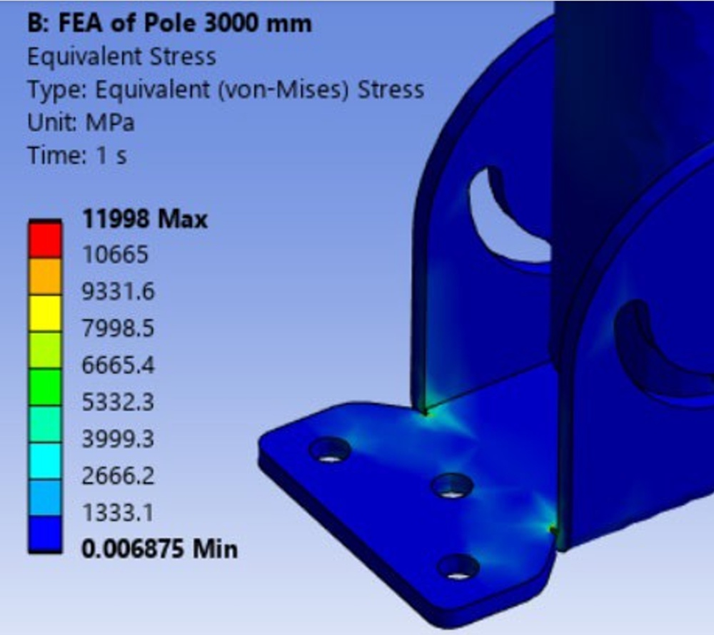 FEA equivalent stress at 3000mm Starlink pole length showing structural risk of long pole installations