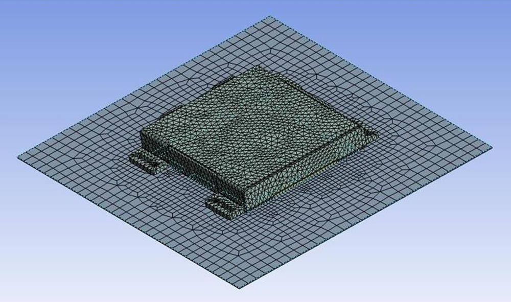 Multi-domain FSI mesh showing the Aluminium 5052 AVS Starlink Mini Mount bonded to a fibreglass roof substrate