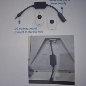 Air Vision Systems Starlink remote power switch dish end shown with IN to OUT labelled housing and two remote fobs