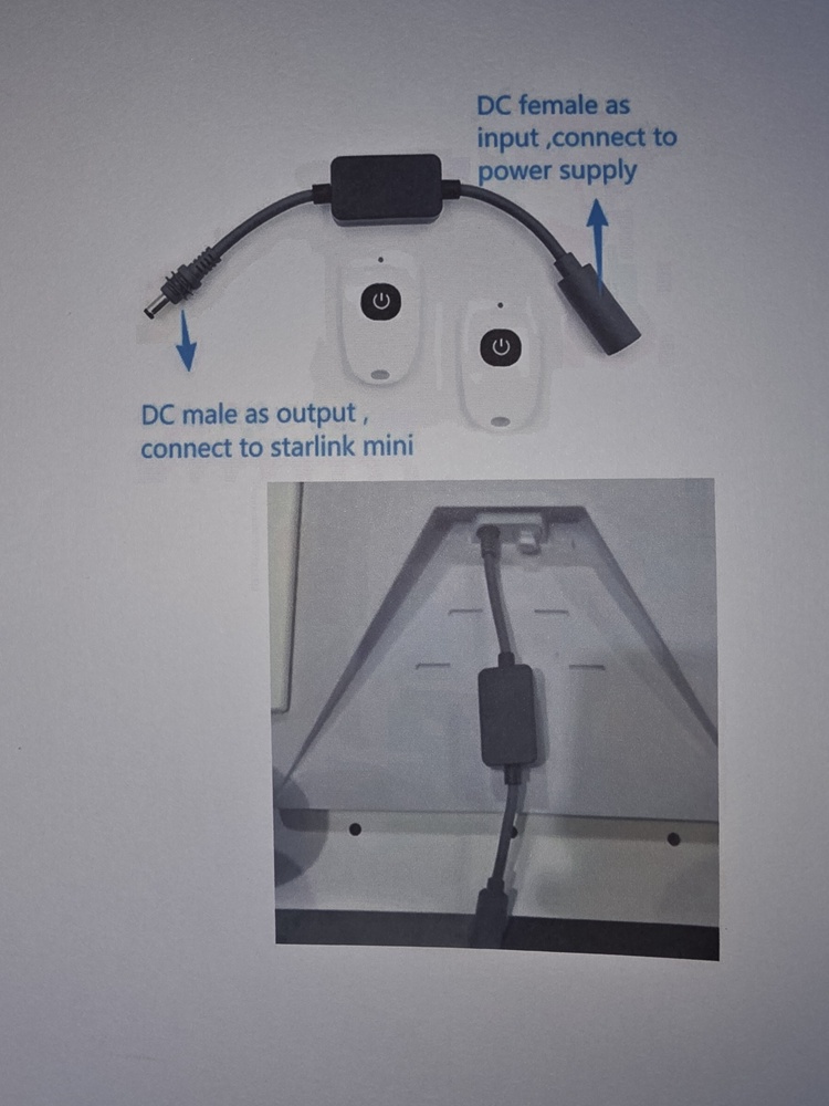 Air Vision Systems Starlink remote power switch dish end shown with IN to OUT labelled housing and two remote fobs