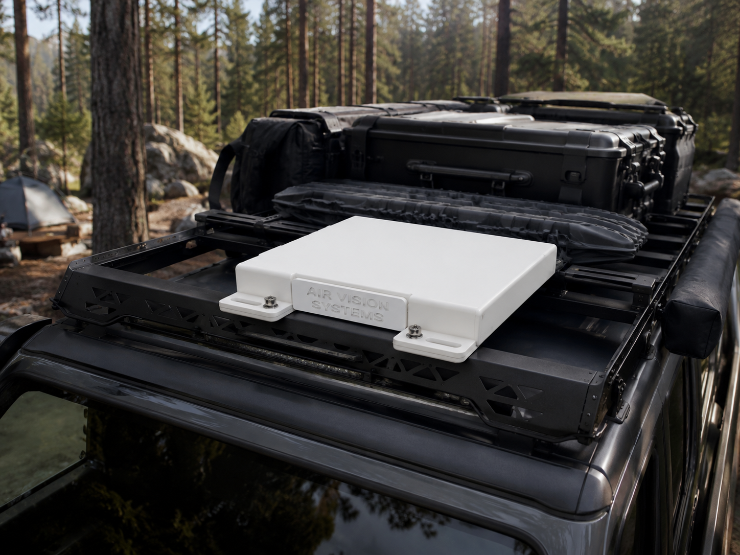 Starlink mount clamped to a vehicle roof rack