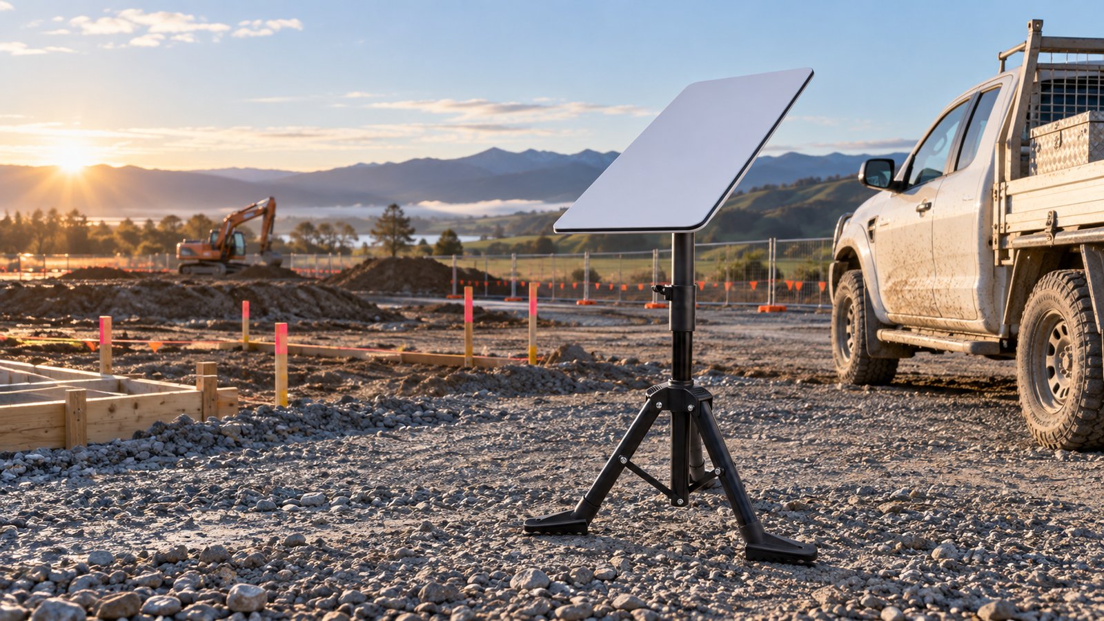 Starlink on a collapsible tripod on a new construction site
