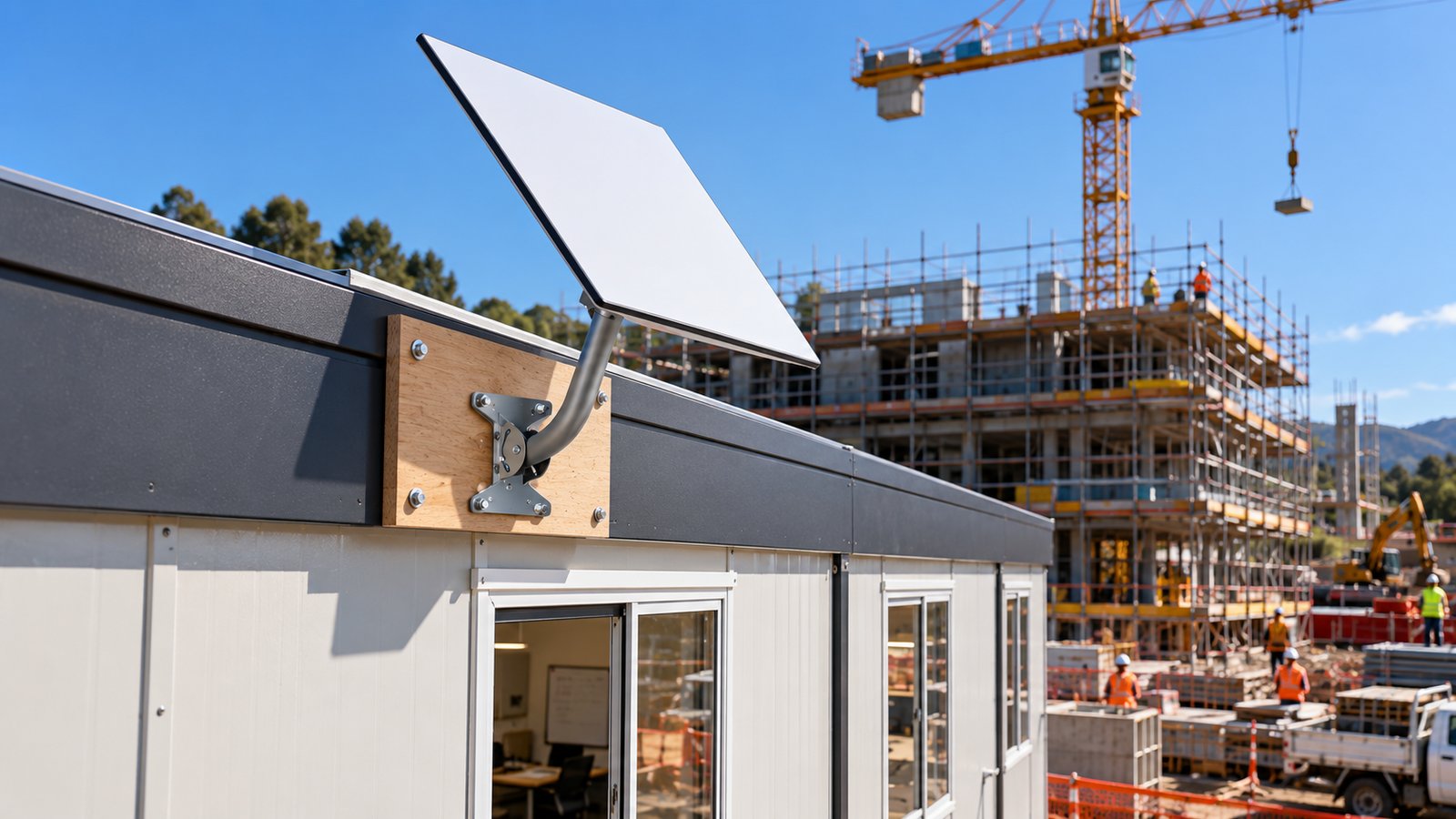 Starlink Standard dish on a wall mount on a construction site office