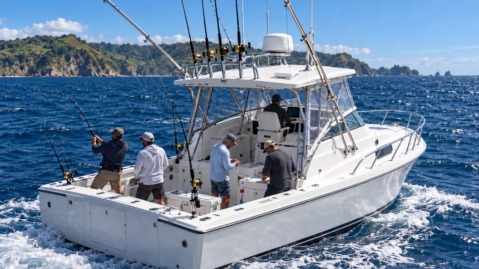 Starlink Mini mount on the hardtop of a charter game fishing boat off the New Zealand coast