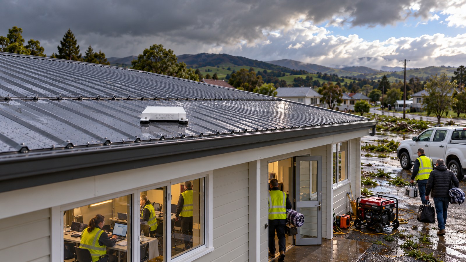 Starlink Mini bolt-down mount on the roof of a council emergency operations centre in New Zealand