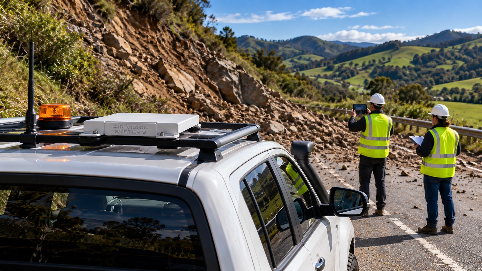 Starlink Mini roof rack mount on a council ute at a rural road slip in New Zealand