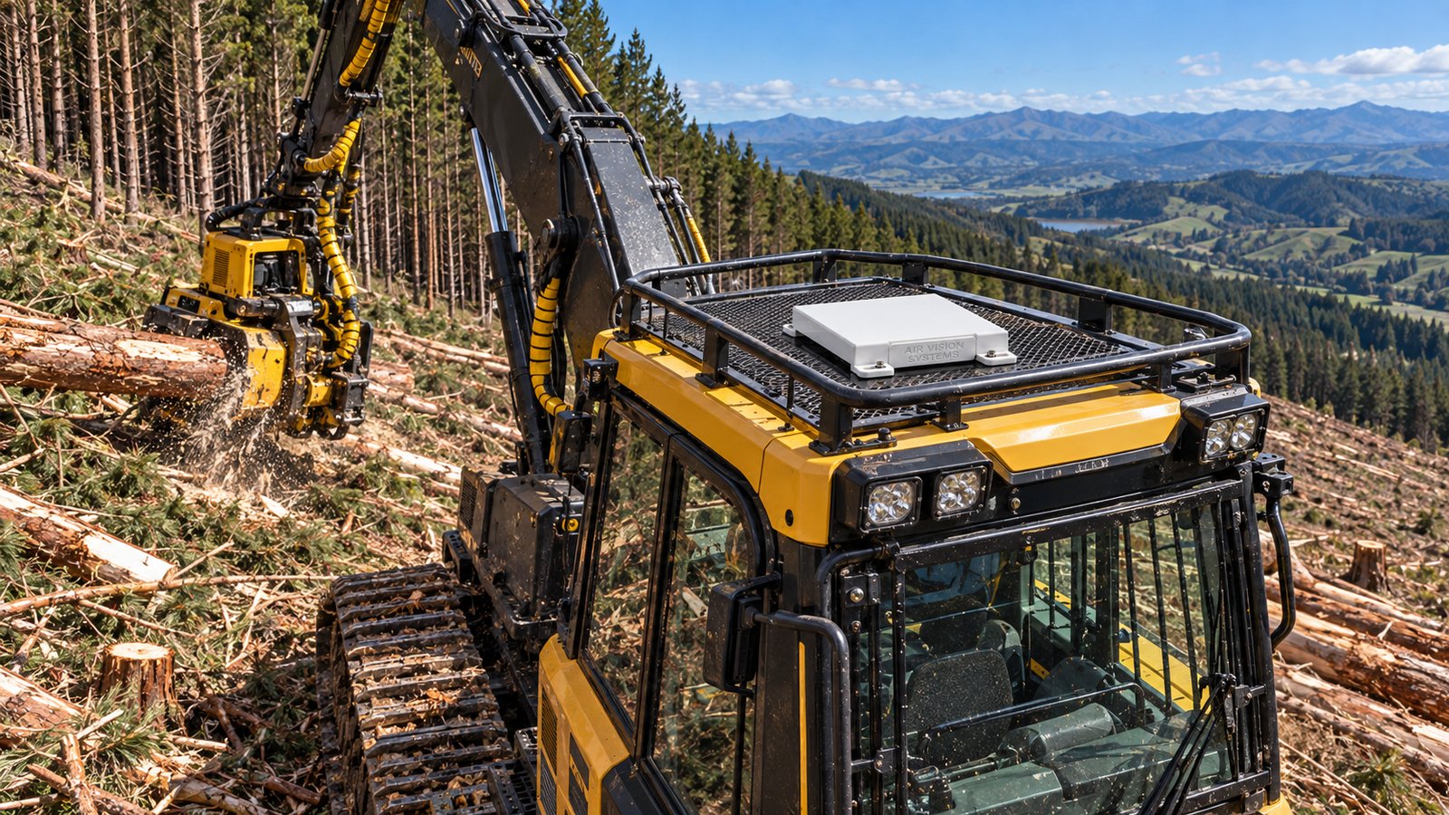 Starlink Mini mount on the cab roof of a forestry harvester on a New Zealand pine plantation