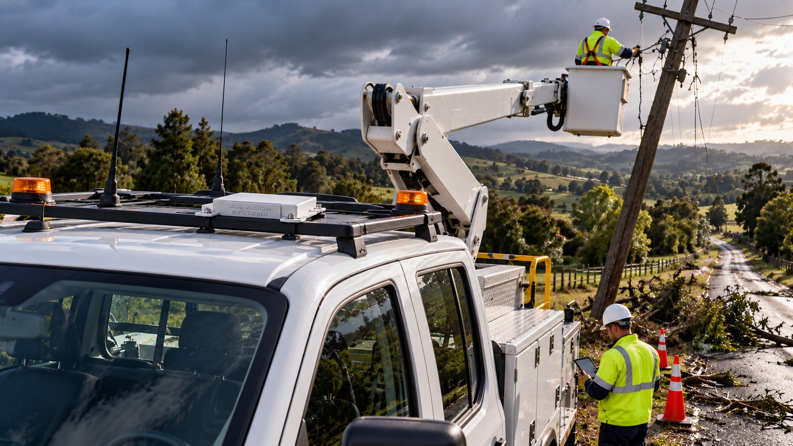 Starlink Mini roof rack mount on a line truck at a storm repair job in rural New Zealand