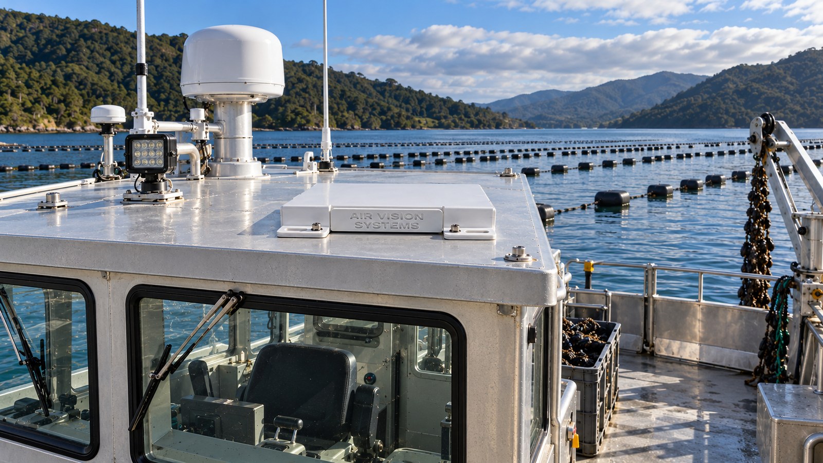 Starlink Mini mount on the hardtop of an aluminium workboat at a mussel farm in New Zealand