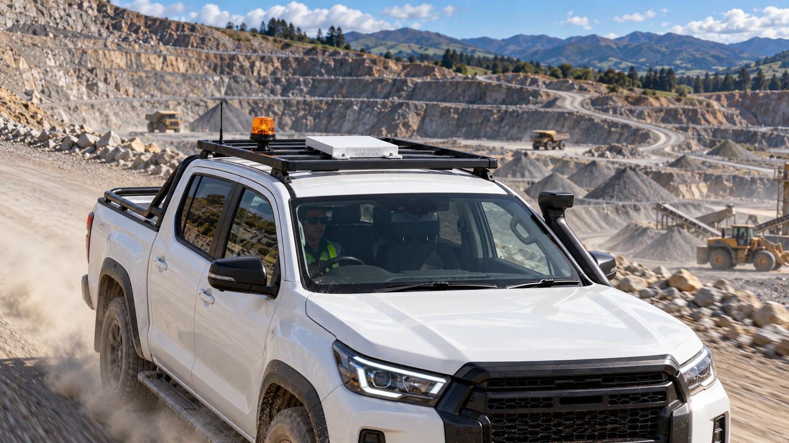 Starlink Mini roof rack mount on a quarry light vehicle in New Zealand