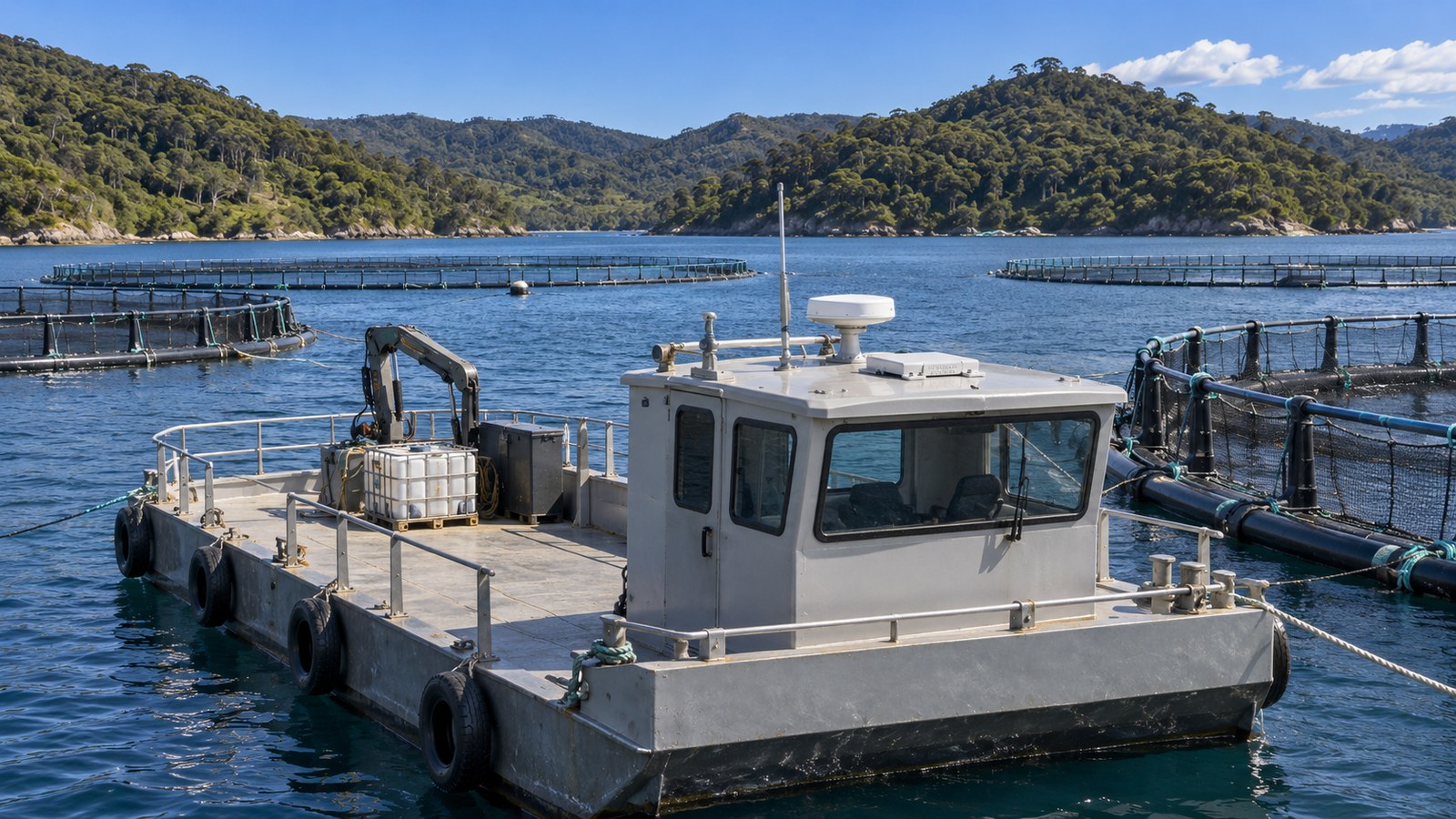 Starlink Mini mount on the roof of a marine farm barge in New Zealand