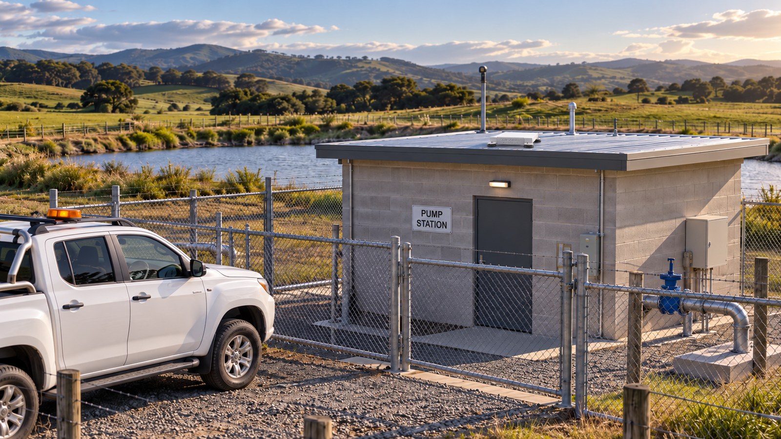 Starlink Mini bolt-down mount on the roof of a rural utility depot building in New Zealand
