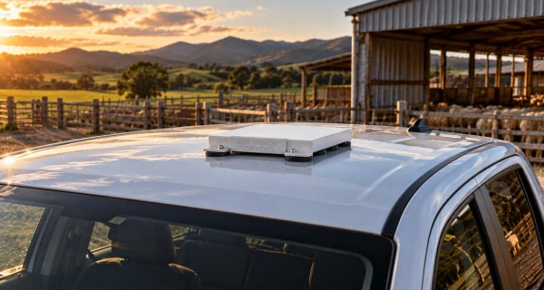 Starlink Mini magnetic mount on the steel roof of a farm ute beside a woolshed